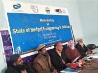 Mr.Hakim Zada Chairmen Rural development organization is sharing the report of state of budget transparency in Pakistan during the media briefing