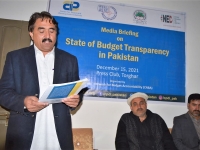 Mr. Dilrose Executive Director Rose Valley Development  Organization is sharing  the state of budget transparency report during media briefing in district Torghar